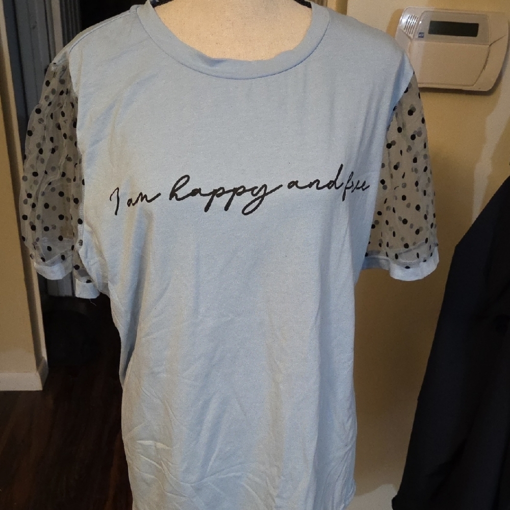 Light Blue Graphic Tee with Sheer Polka Dot Sleeves